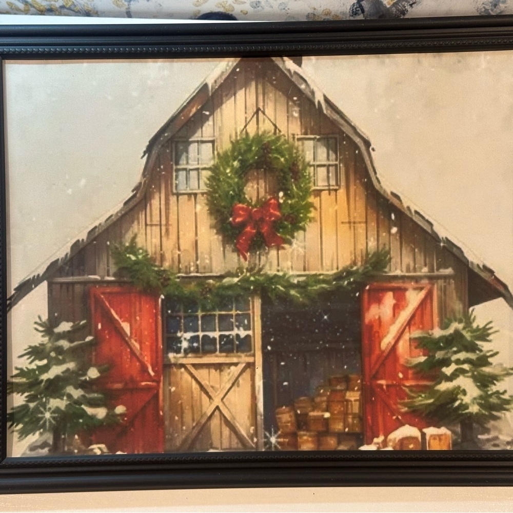 Winter Wood Barn Wreath Christmas Landscape Vintage Syle Art Print 8x10